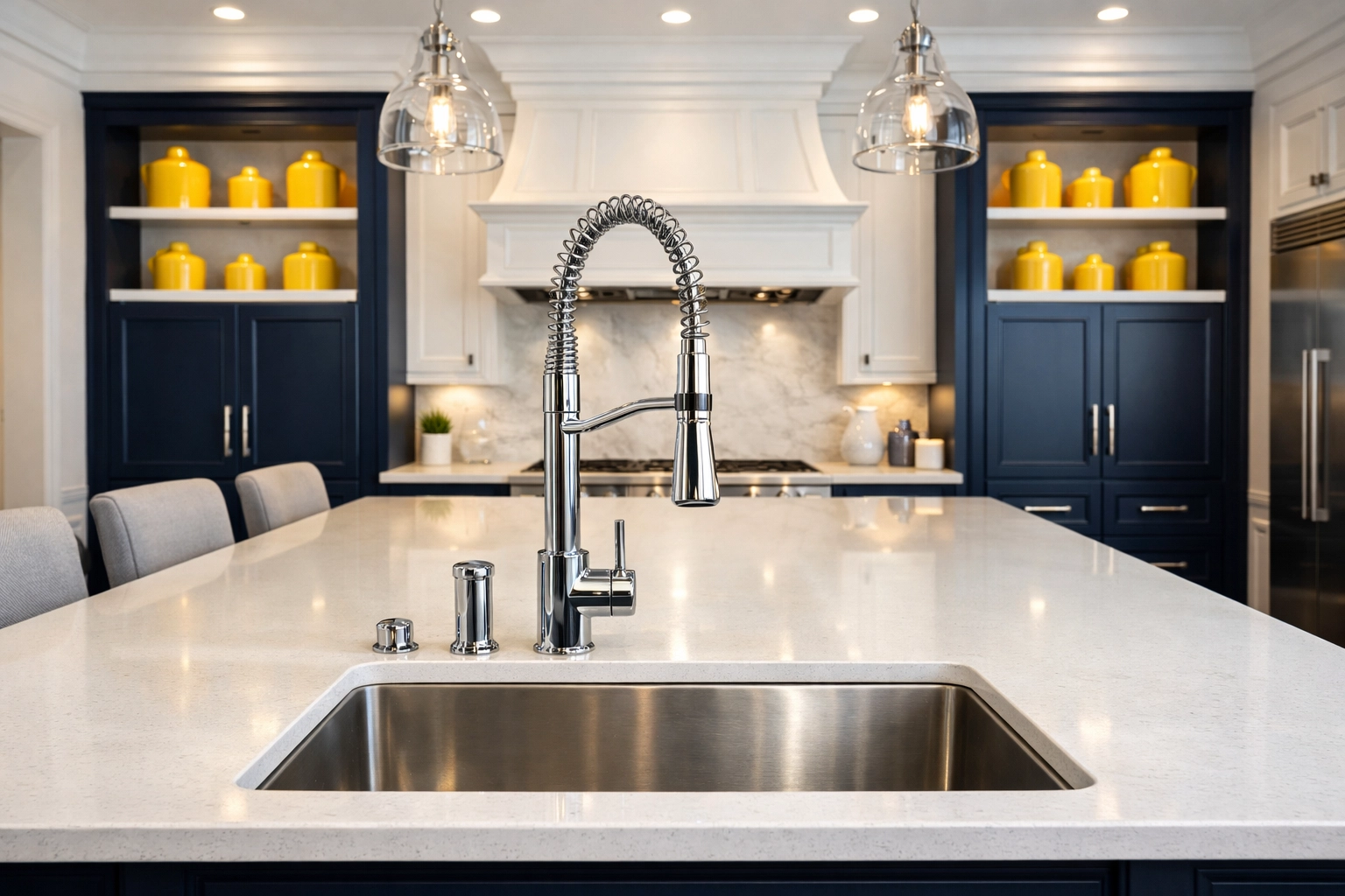A pristine kitchen island showing the results of a regular weekly house cleaning routine.