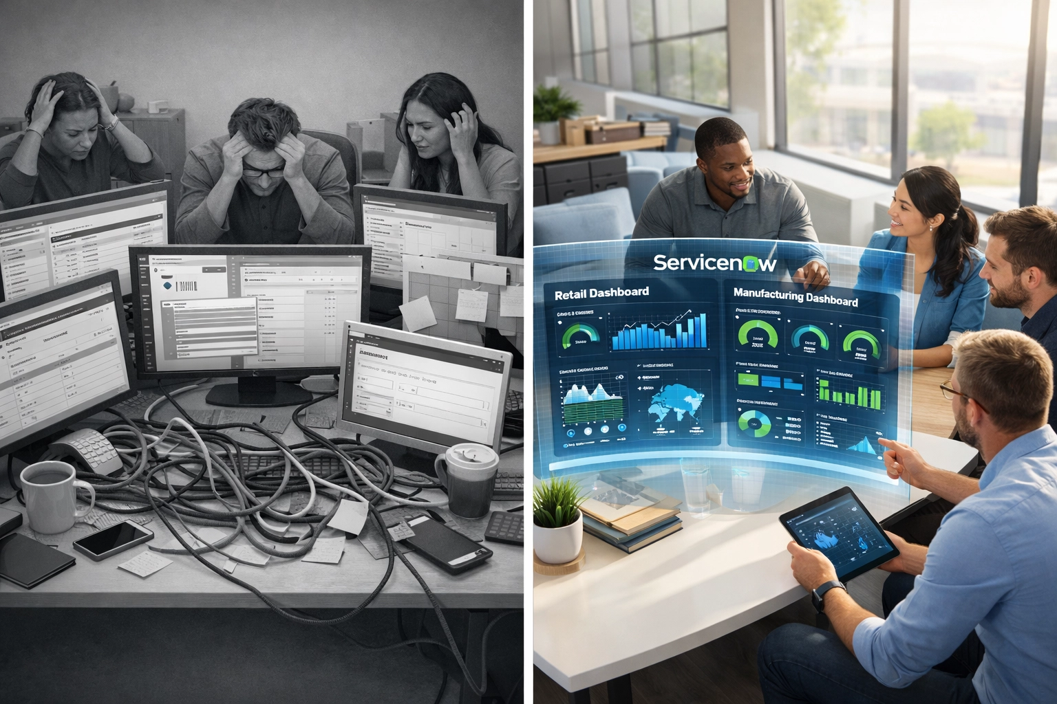 Custom ServiceNow apps streamlining retail and manufacturing operations versus disconnected systems