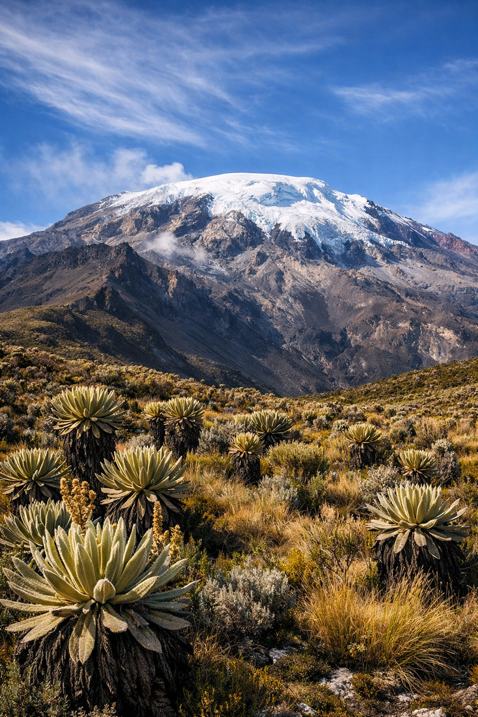 Nevado del Ruiz volcano with snow-capped peak above páramo landscape in Los Nevados National Park Colombia