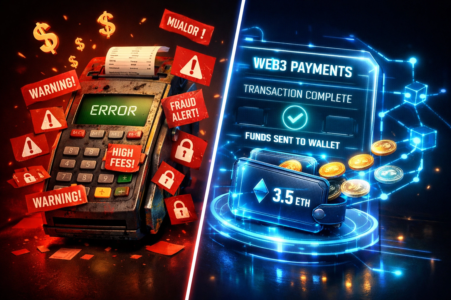Traditional POS terminal with high fees versus Web3 payment system with direct blockchain transfers