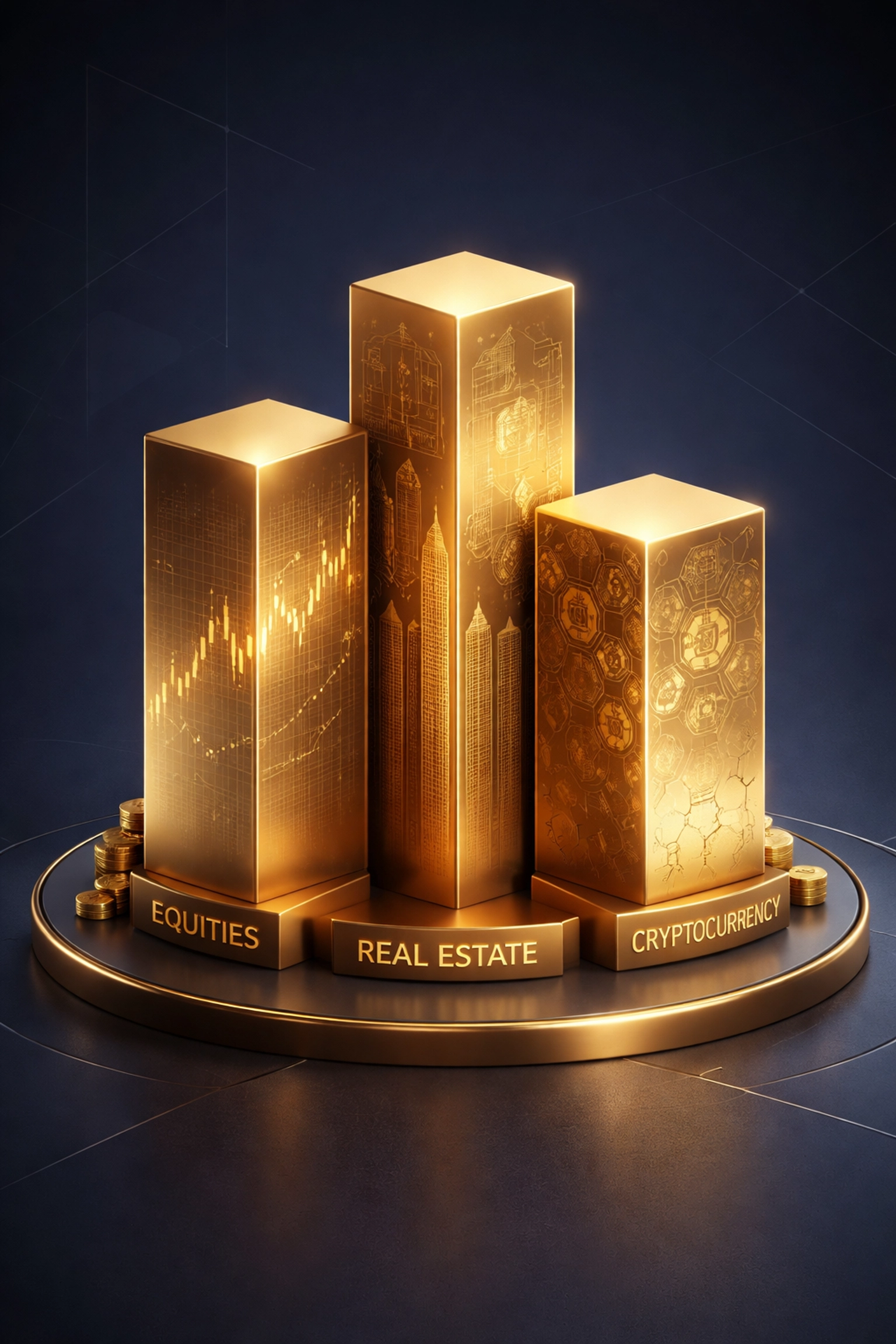 Interconnected pillars symbolizing equities, real estate, and crypto diversification for institutional investment in 2026