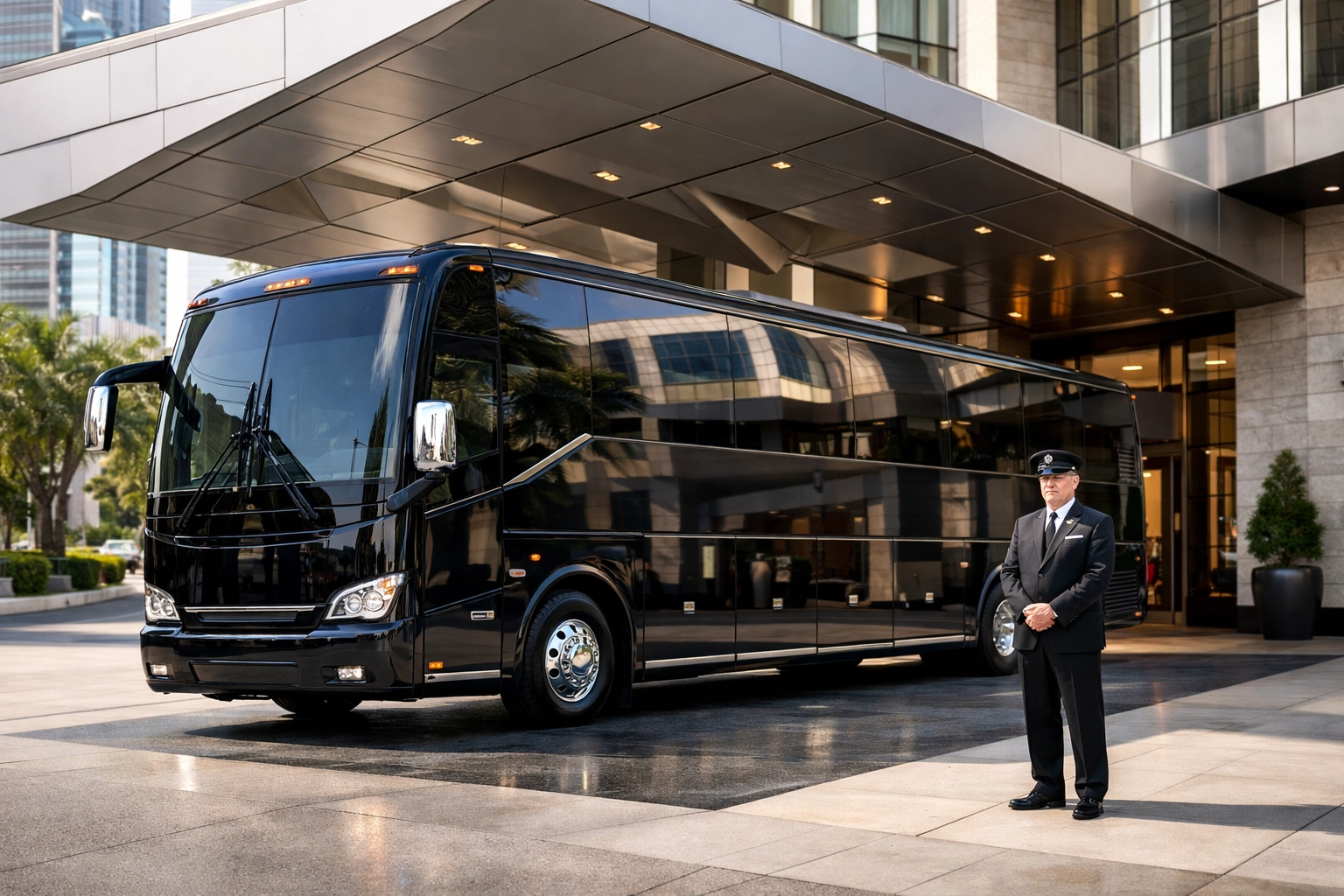 Premium executive motorcoach and chauffeur providing VIP transportation for Super Bowl corporate travel.