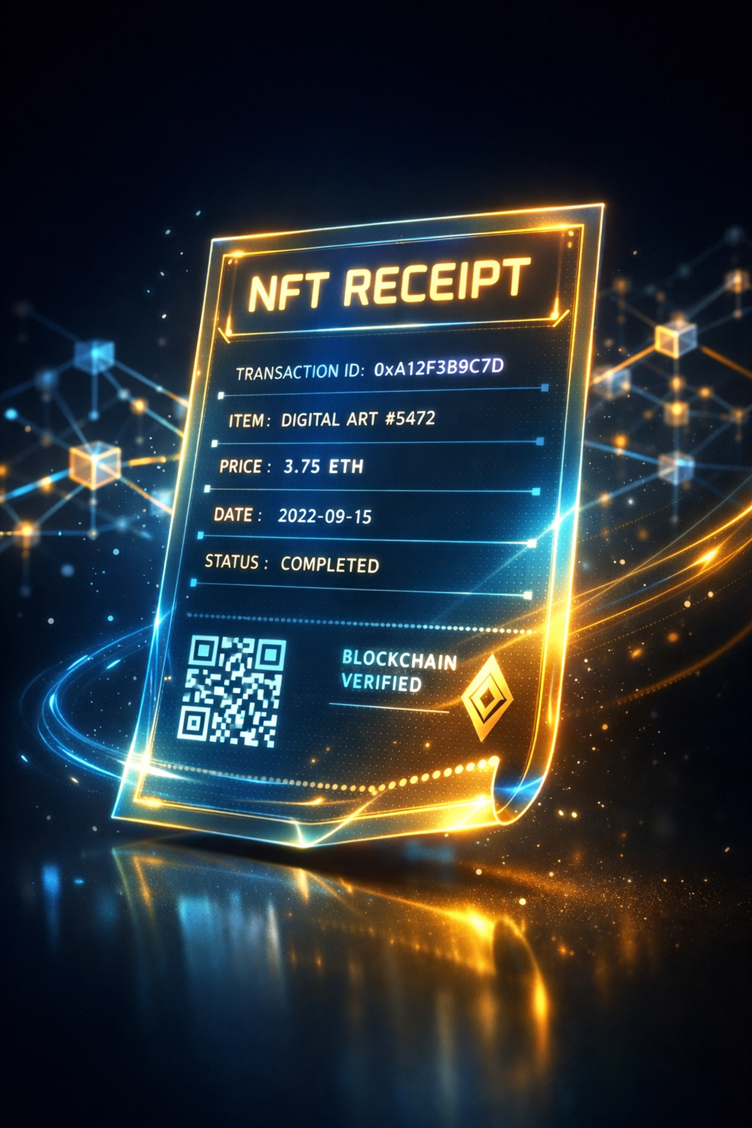 NFT receipt with blockchain nodes showing immutable crypto payment transaction records