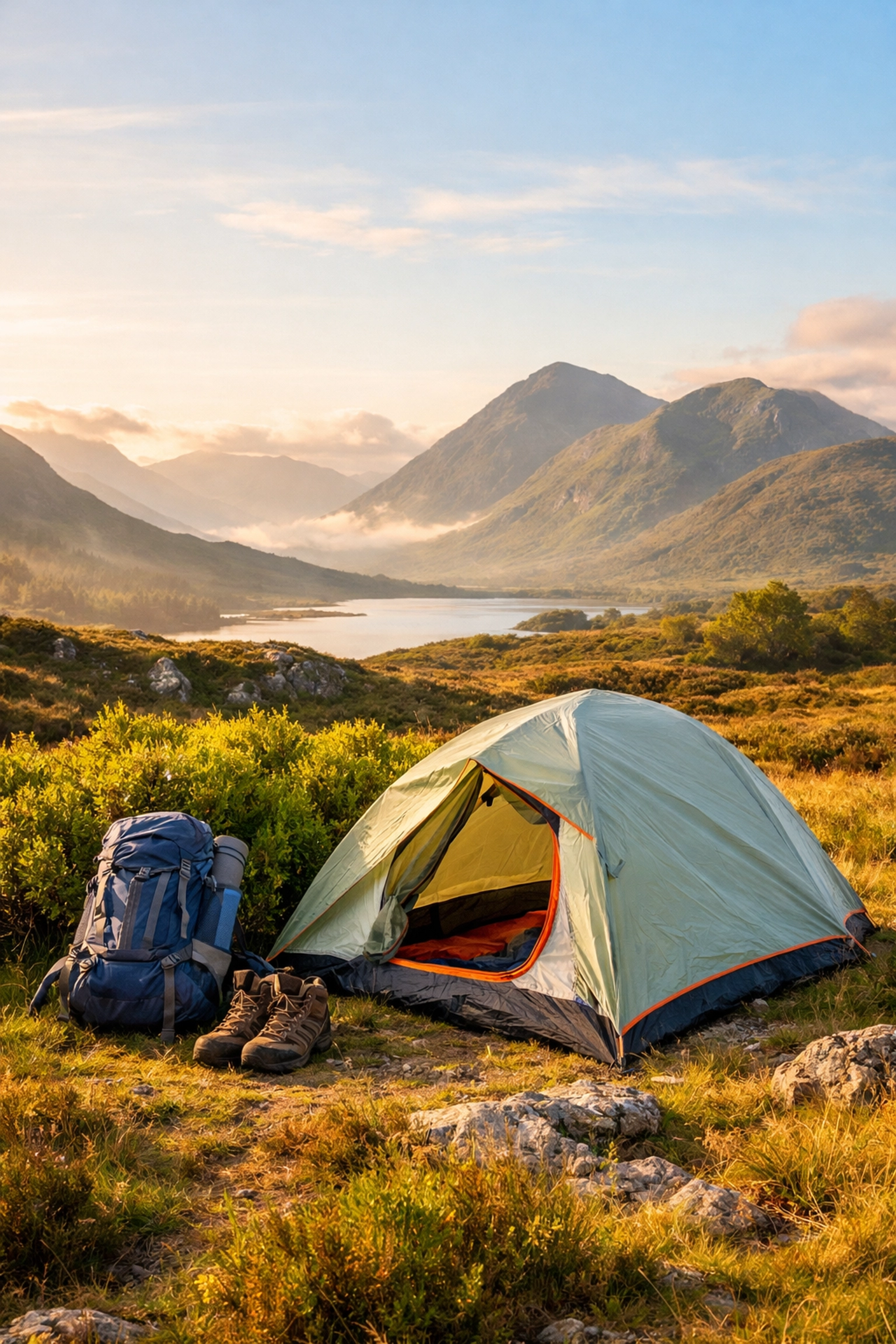 A peaceful wild camping setup in the misty UK highlands illustrating safe trip planning.