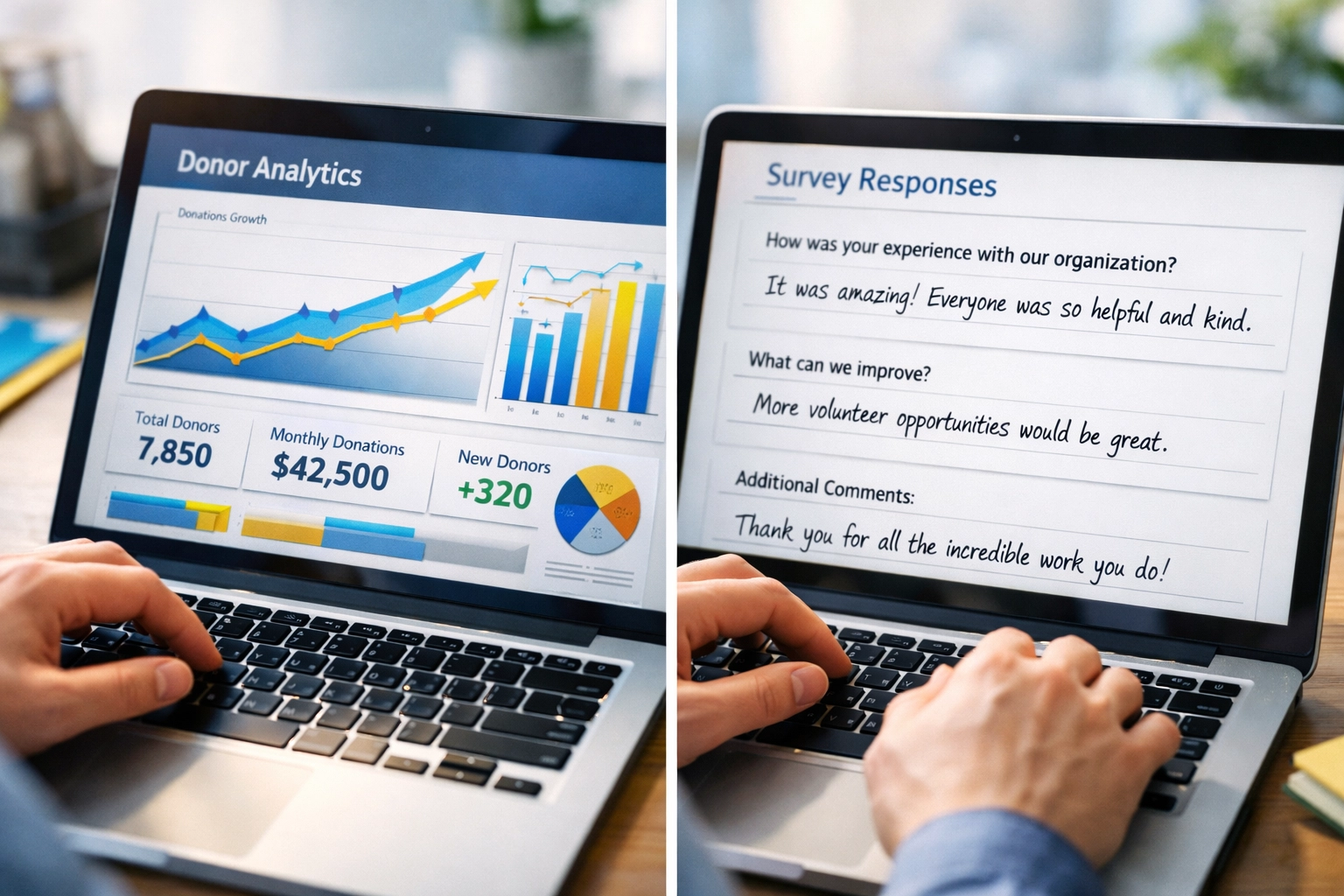 Donor analytics dashboard showing survey data and giving trends for major gift identification