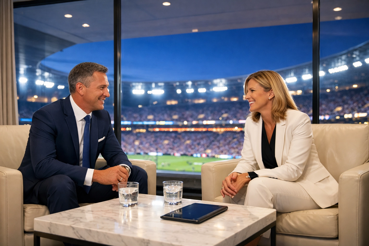 NEWSLETTER: 7 Mistakes You’re Making with Super Bowl ROI (and How to Fix Them) Executives networking in a luxury Super Bowl hospitality suite overlooking the stadium.