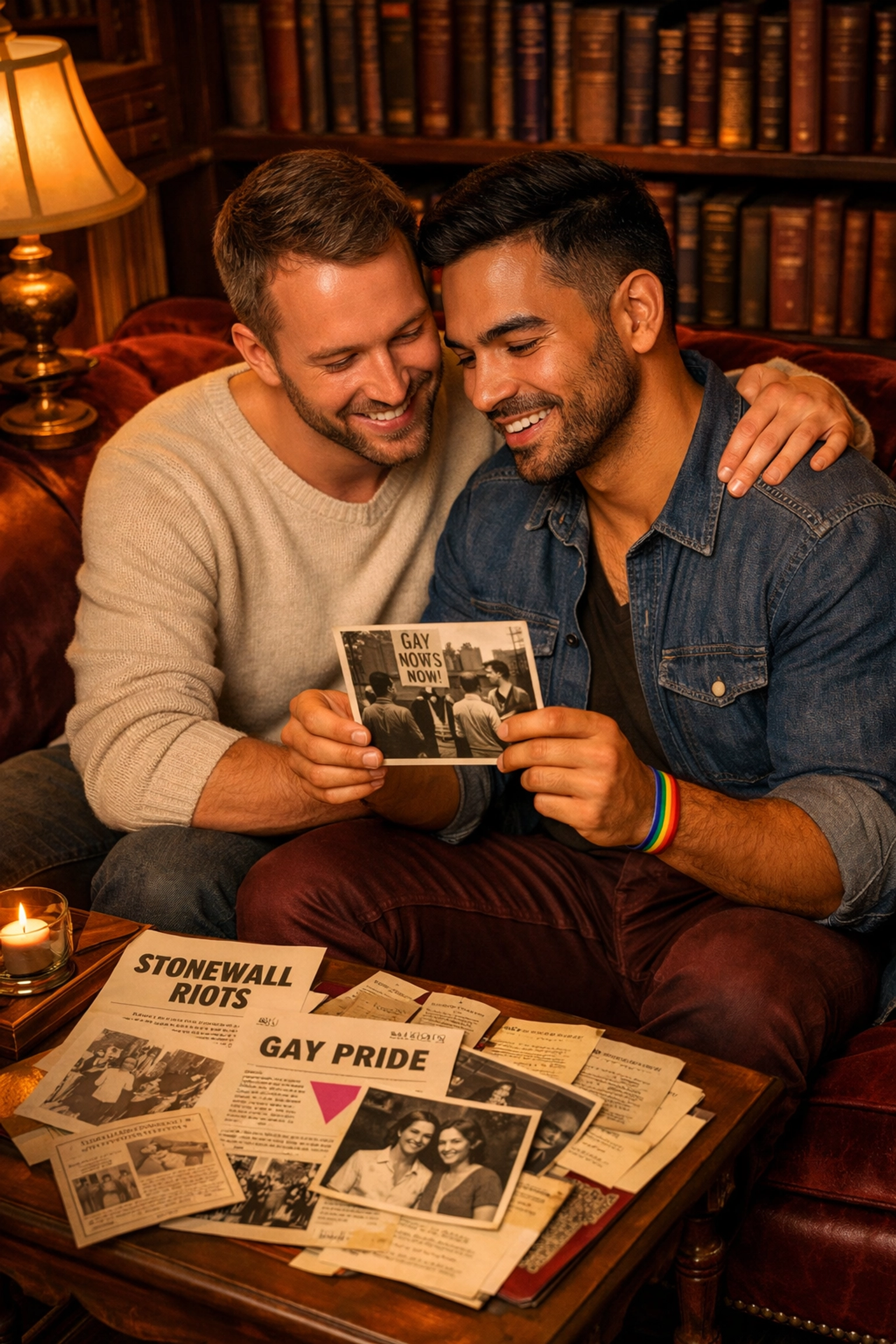 Two men reading LGBTQ+ history together - queer fiction celebrating community and heritage