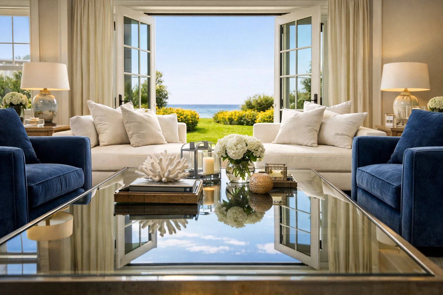 Spotless guest-ready coastal living room highlighting luxury house cleaning in Manchester-by-the-Sea.