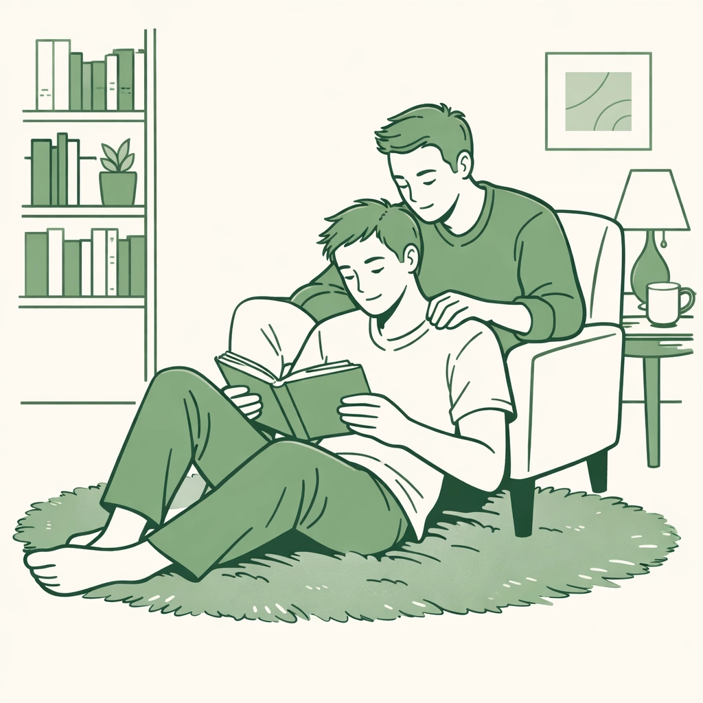 Two men reading MM fiction together in a library, celebrating representation and diversity in LGBTQ+ books.