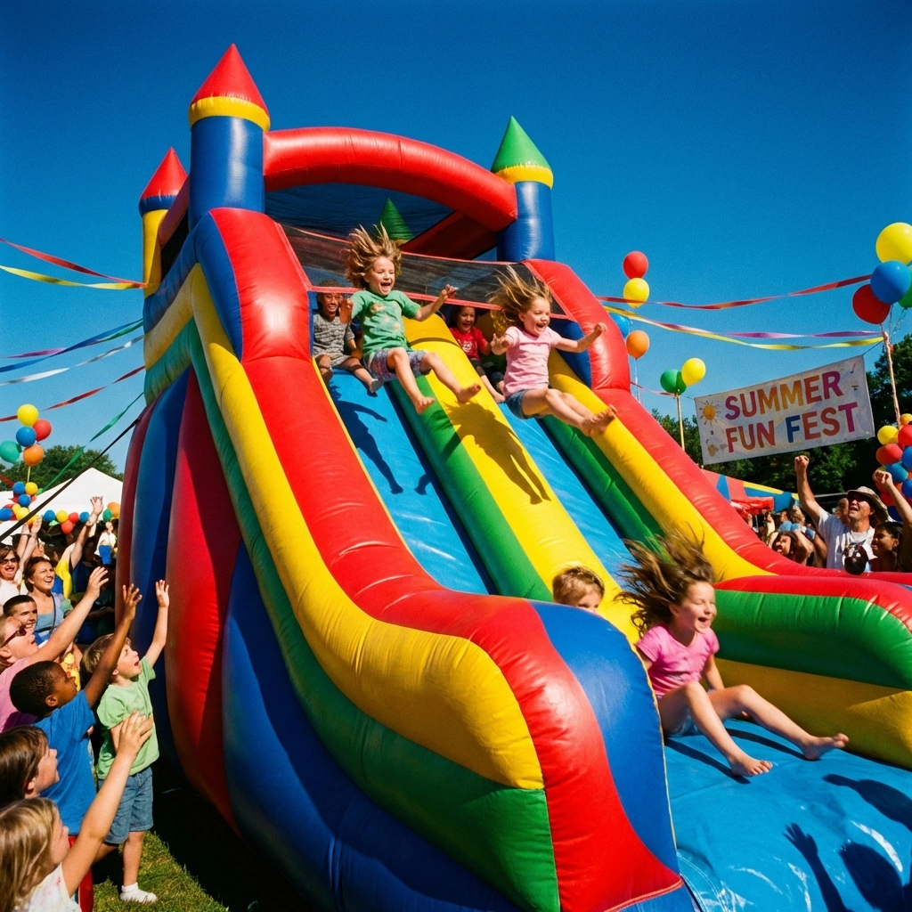 Children playing in a colorful inflatable bounce house and slide at a lively outdoor block party