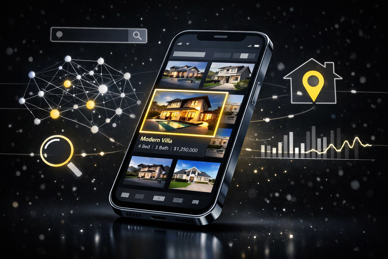 Mobile property listings showcasing AI-powered search and professional real estate photography