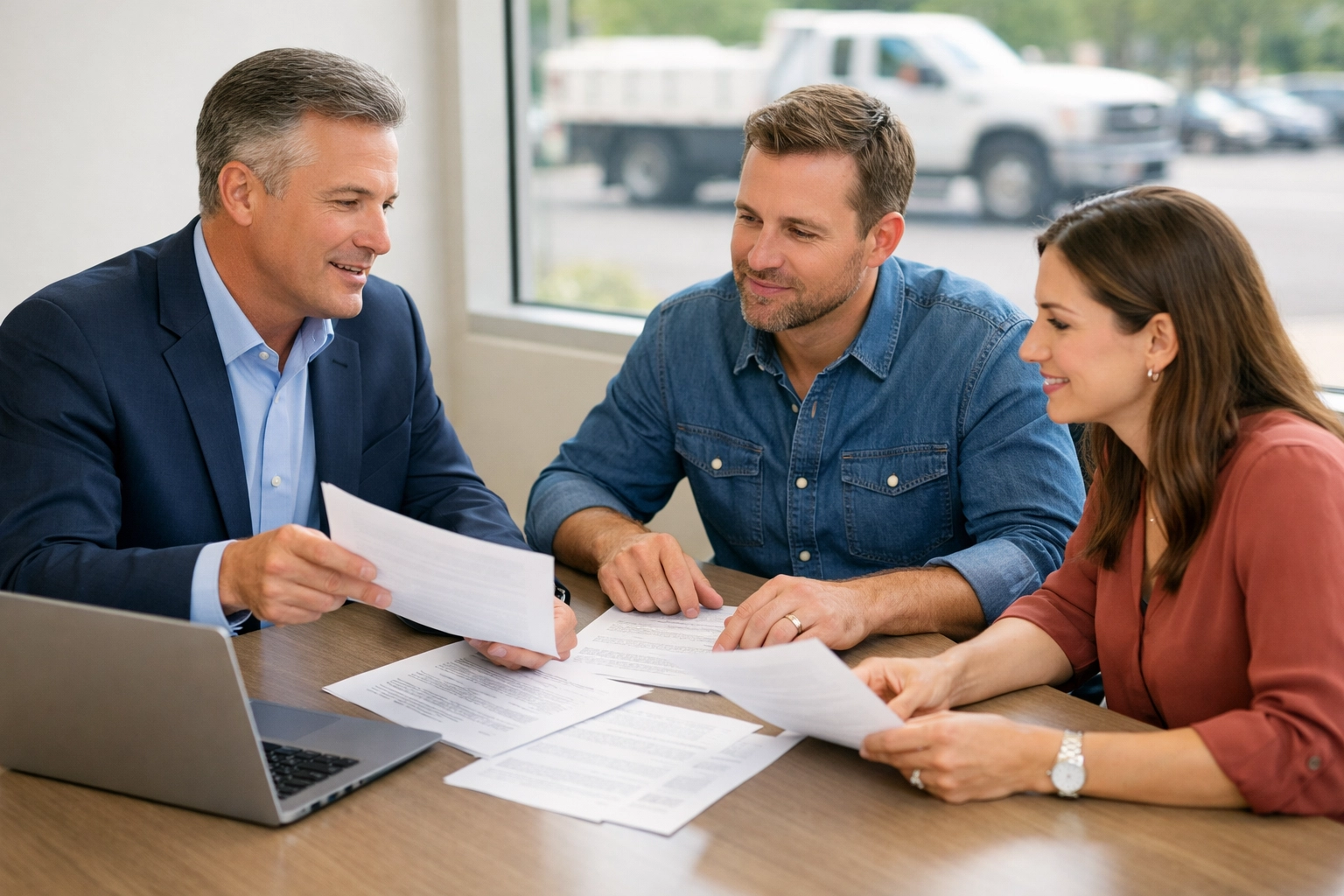 Advisor meeting with business owners reviewing policies for commercial auto insurance Cleveland and property