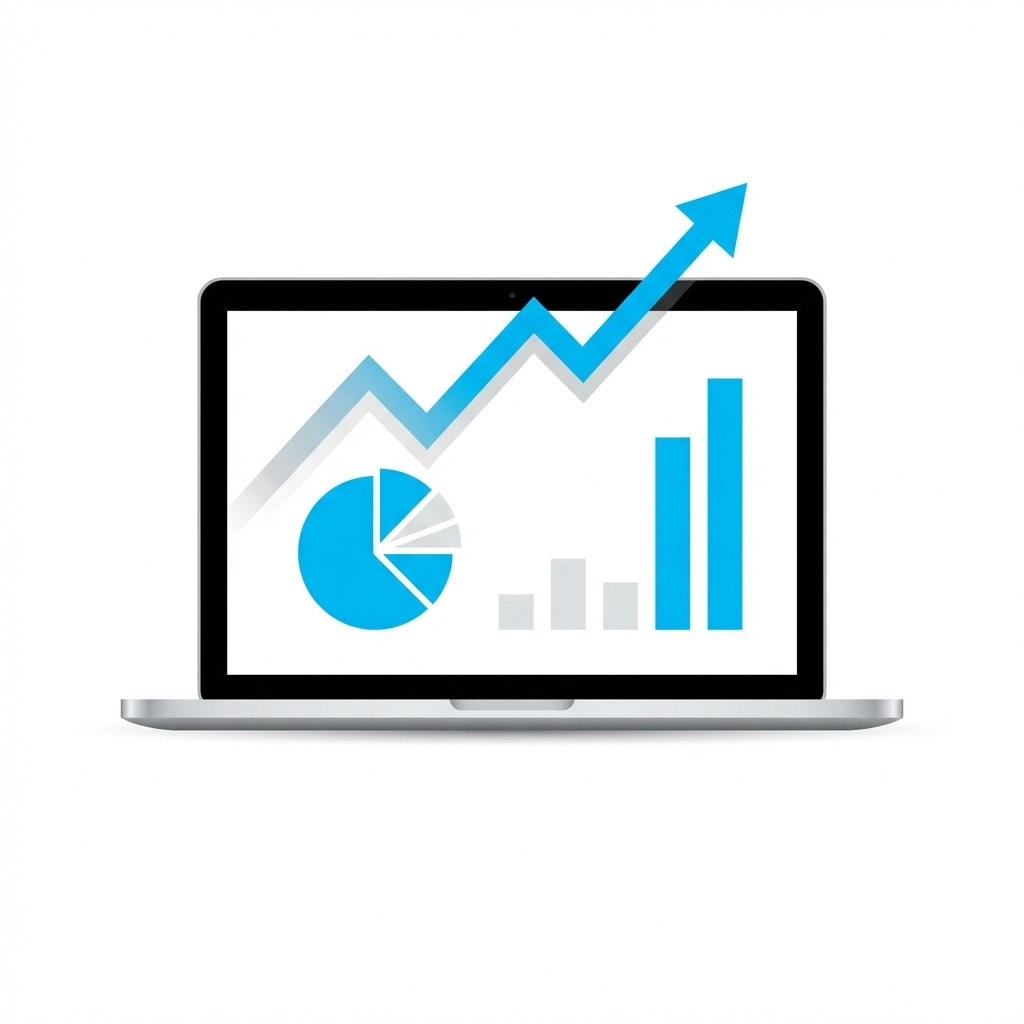 Laptop screen with charts illustrating key website analytics metrics and their business importance