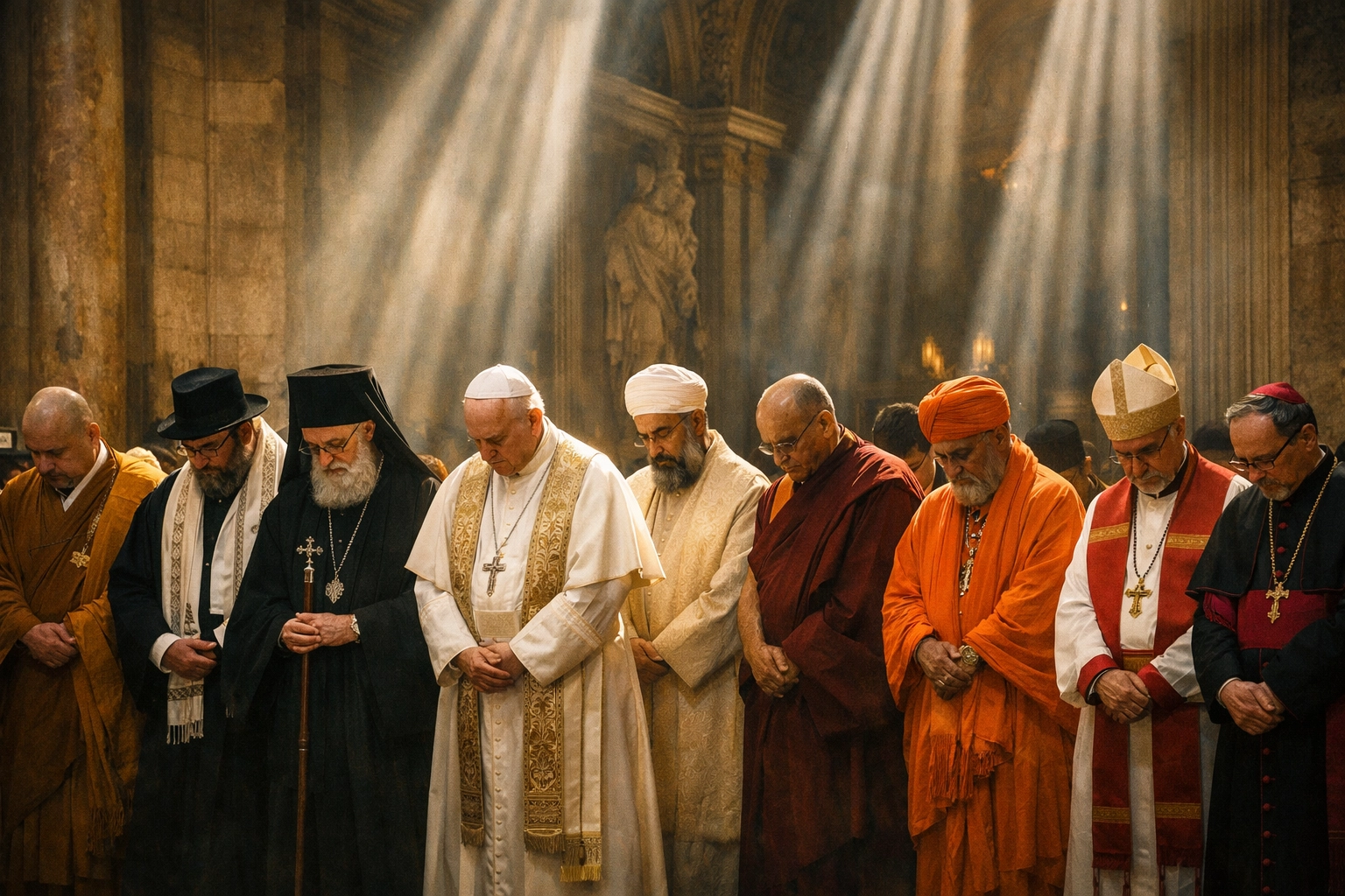 Global religious leaders gather at the Vatican to pray for peace and repentance.