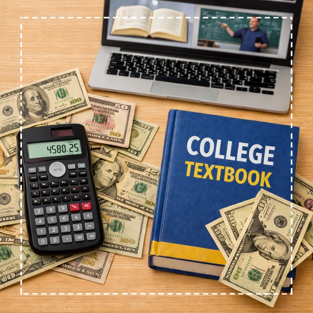 College costs comparison showing textbooks, calculator, and money for CLEP savings (1x1, center safe zone)