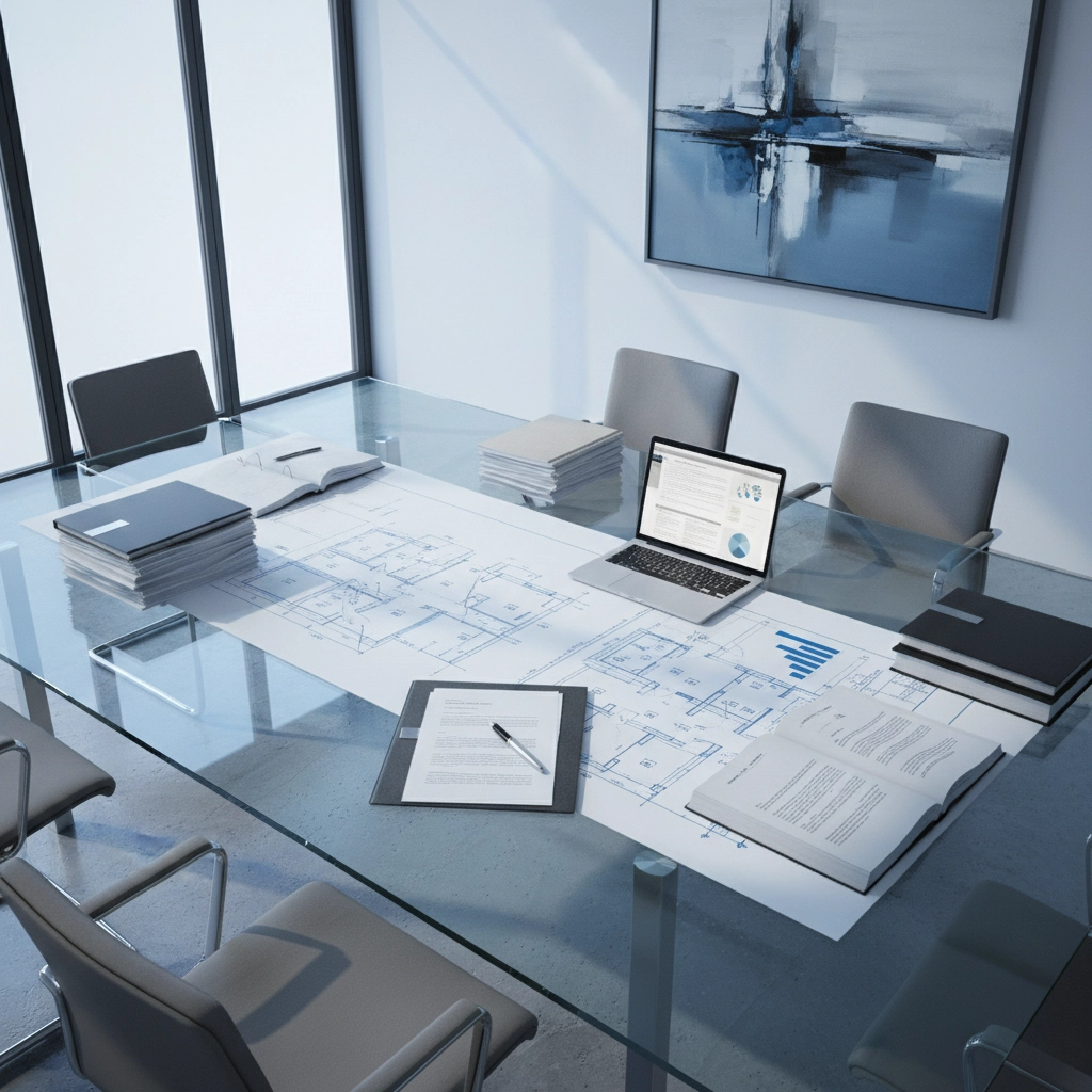Modern conference table with acquisition agreement documents, blueprints, and a laptop displaying business data, emphasizing the legal framework for business transactions.