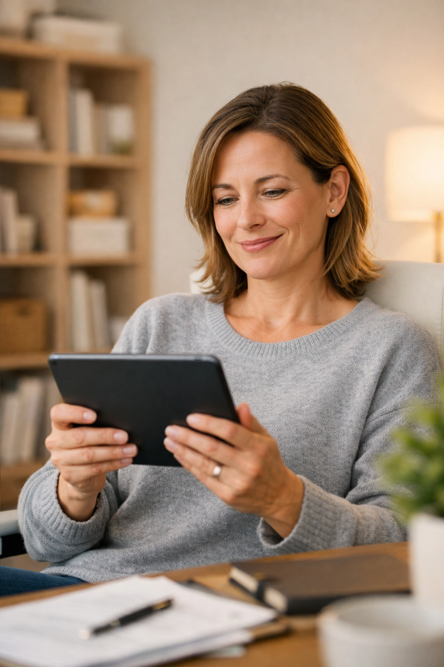 Small business owner smiling while using a tablet for secure and reliable inventory bookkeeping services.