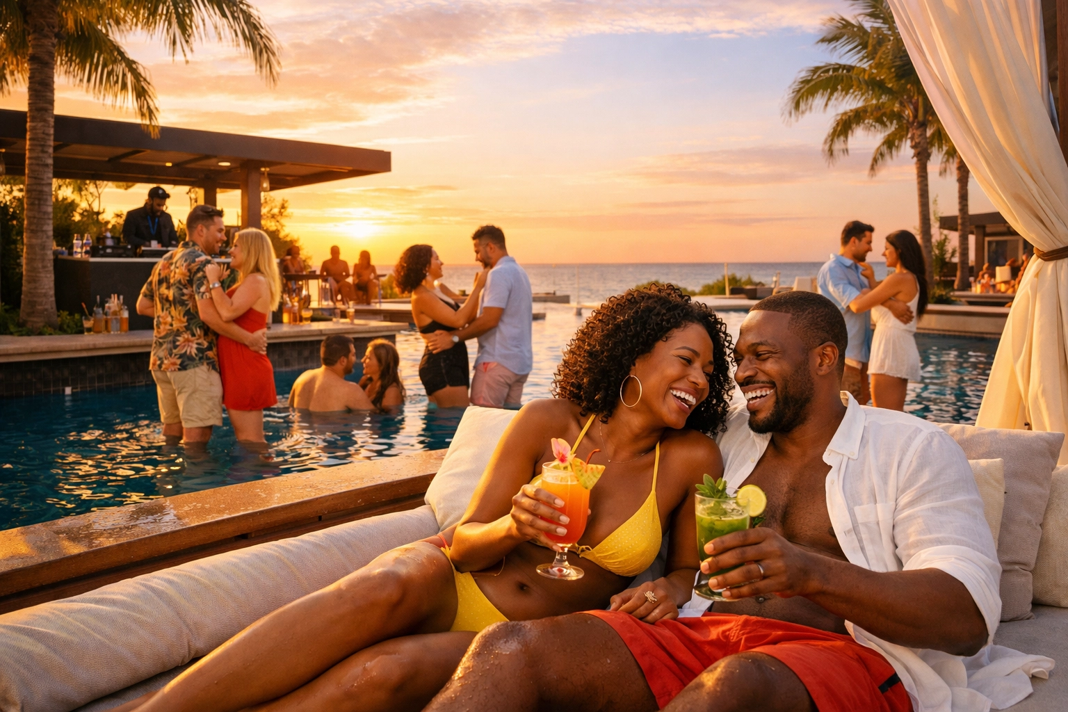 Couples relaxing poolside at adults-only lifestyle resort during golden hour sunset