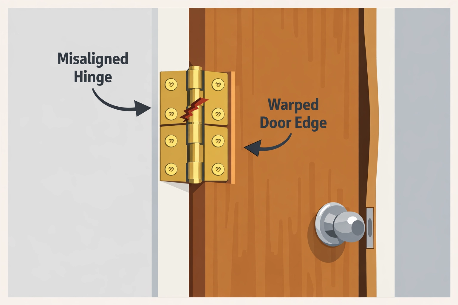 Misaligned door frame showing warped wood and loose hinges needing adjustment