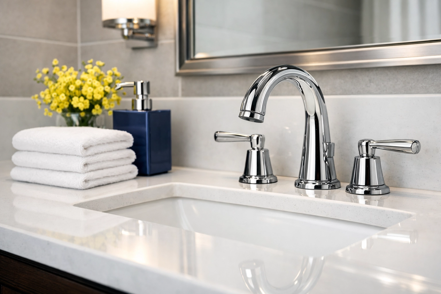 Sparkling clean bathroom vanity and fresh towels from premium professional maid services Lowell.