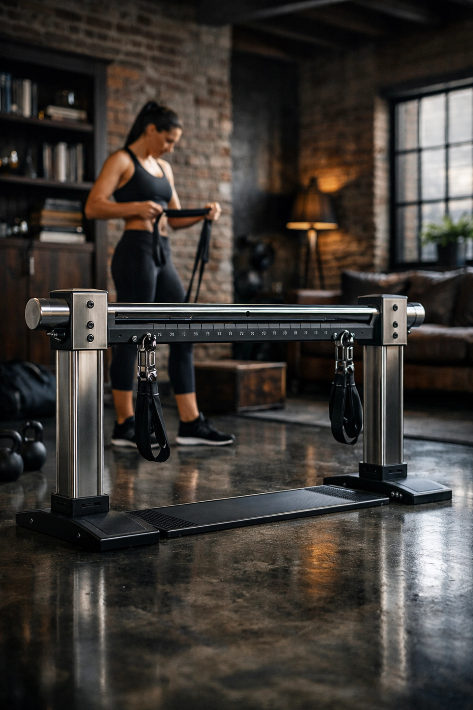 The Resistance Rail in an industrial loft, a stylish alternative for bodyweight training at home.