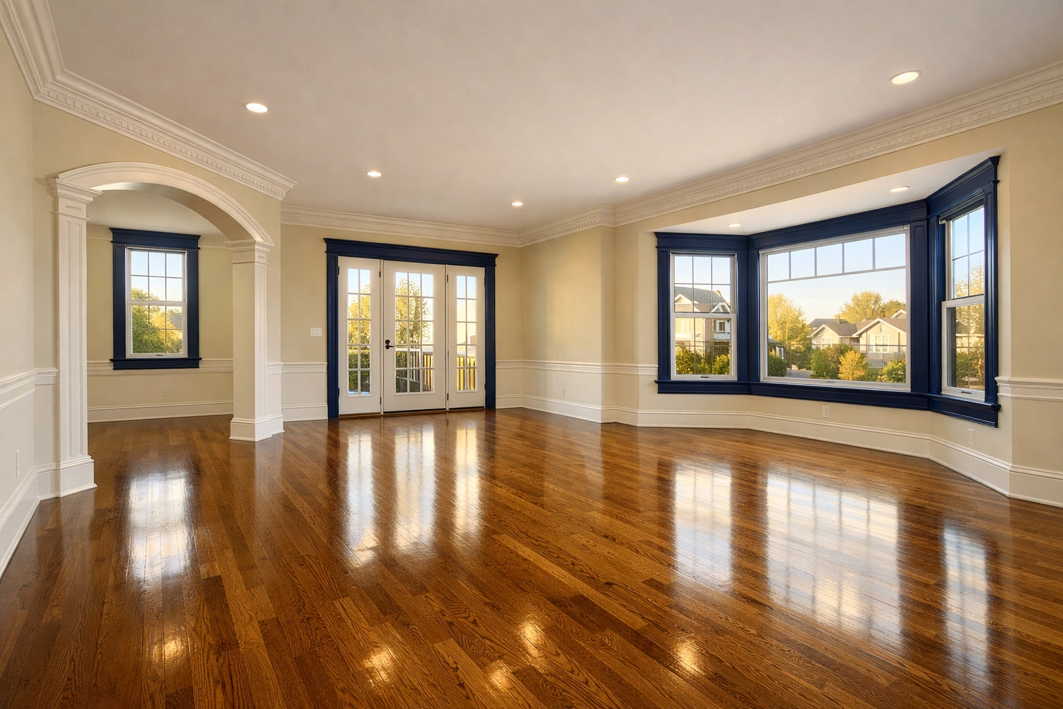 Pristine hardwood floors in an empty luxury home after professional move-out cleaning Worcester MA.