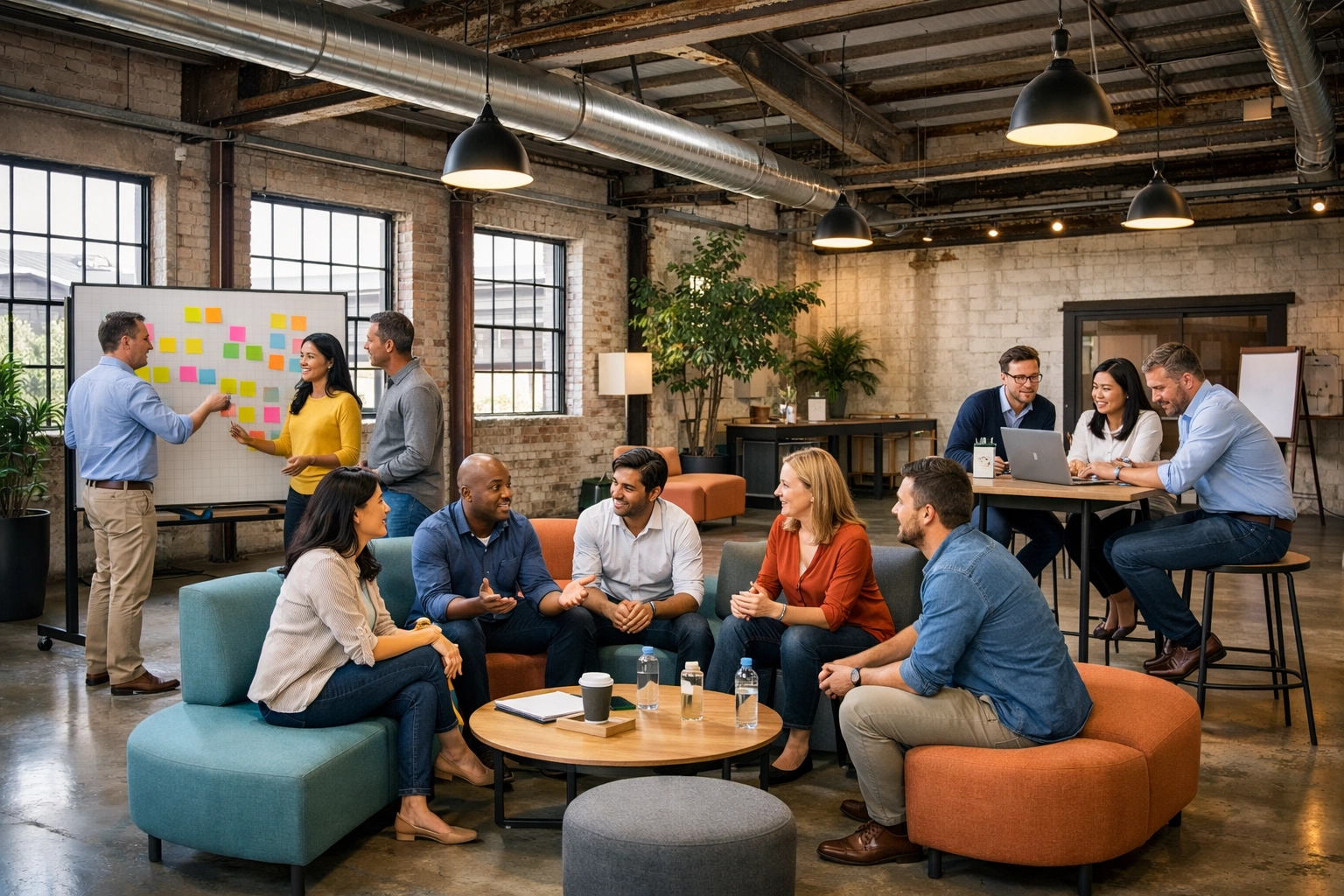 Professionals collaborating in creative breakout zones at industrial corporate offsite venue