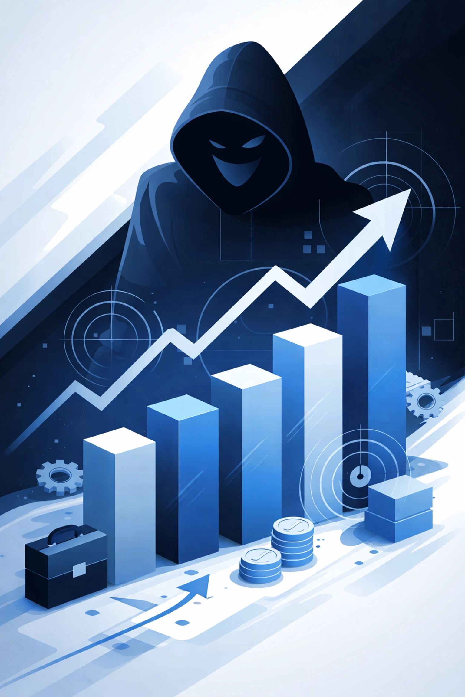Modern illustration of business growth charts overshadowed by a hacker, emphasizing cybersecurity threats