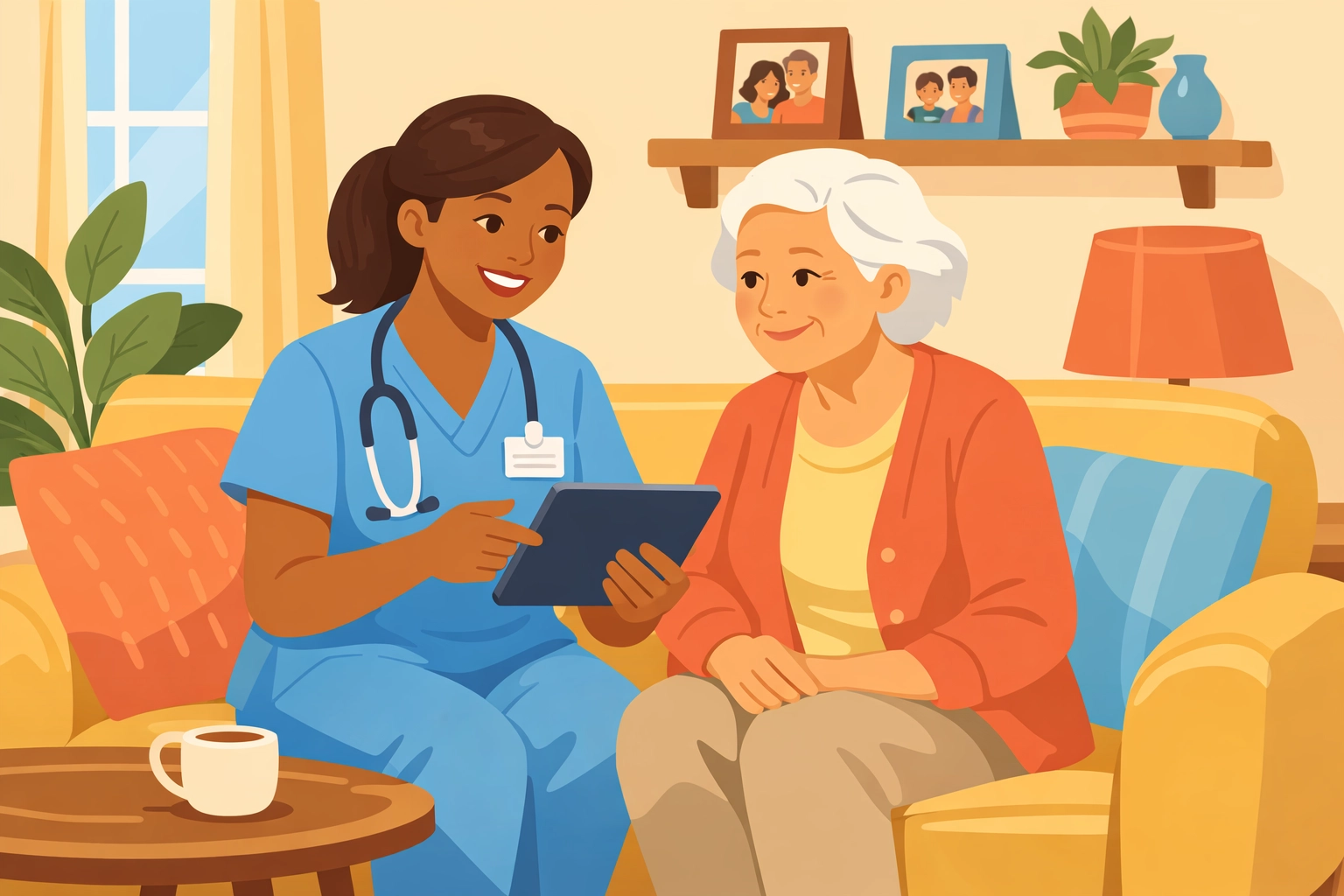 Home care nurse explaining Medicaid options to elderly patient in Georgia
