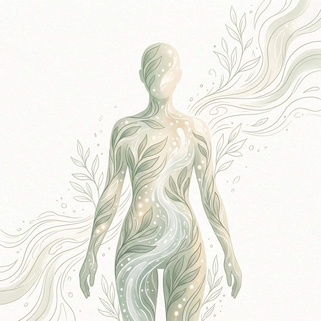 Minimalist illustration of a human figure intertwined with natural elements, symbolizing holistic wellness philosophy.
