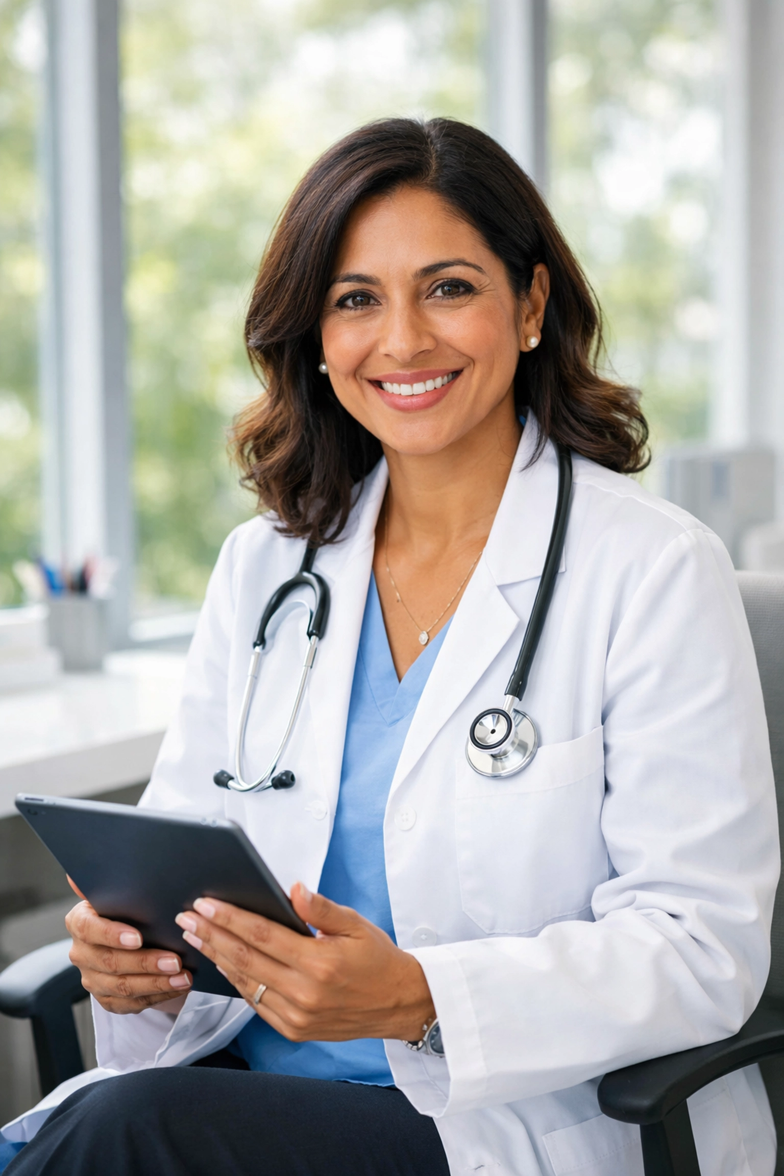 Licensed medical provider discussing tirzepatide weight management options in a professional office.