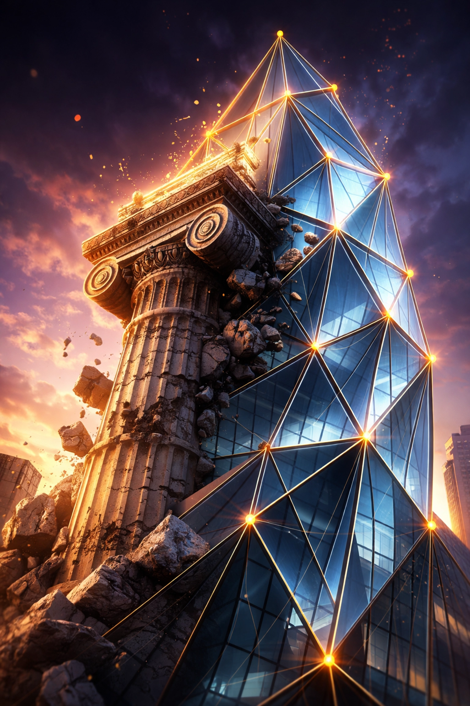 A traditional column collapsing while a modern structure rises, symbolizing shifting investment portfolio strategies.