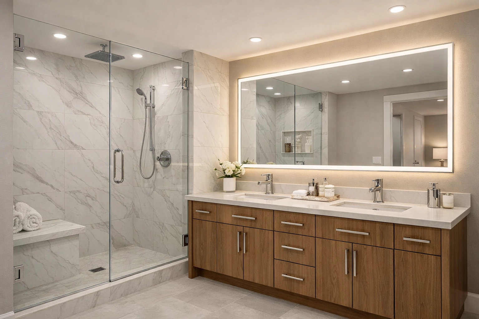 Contemporary master bathroom remodeling in Orlando with marble tiles and a modern wood vanity.