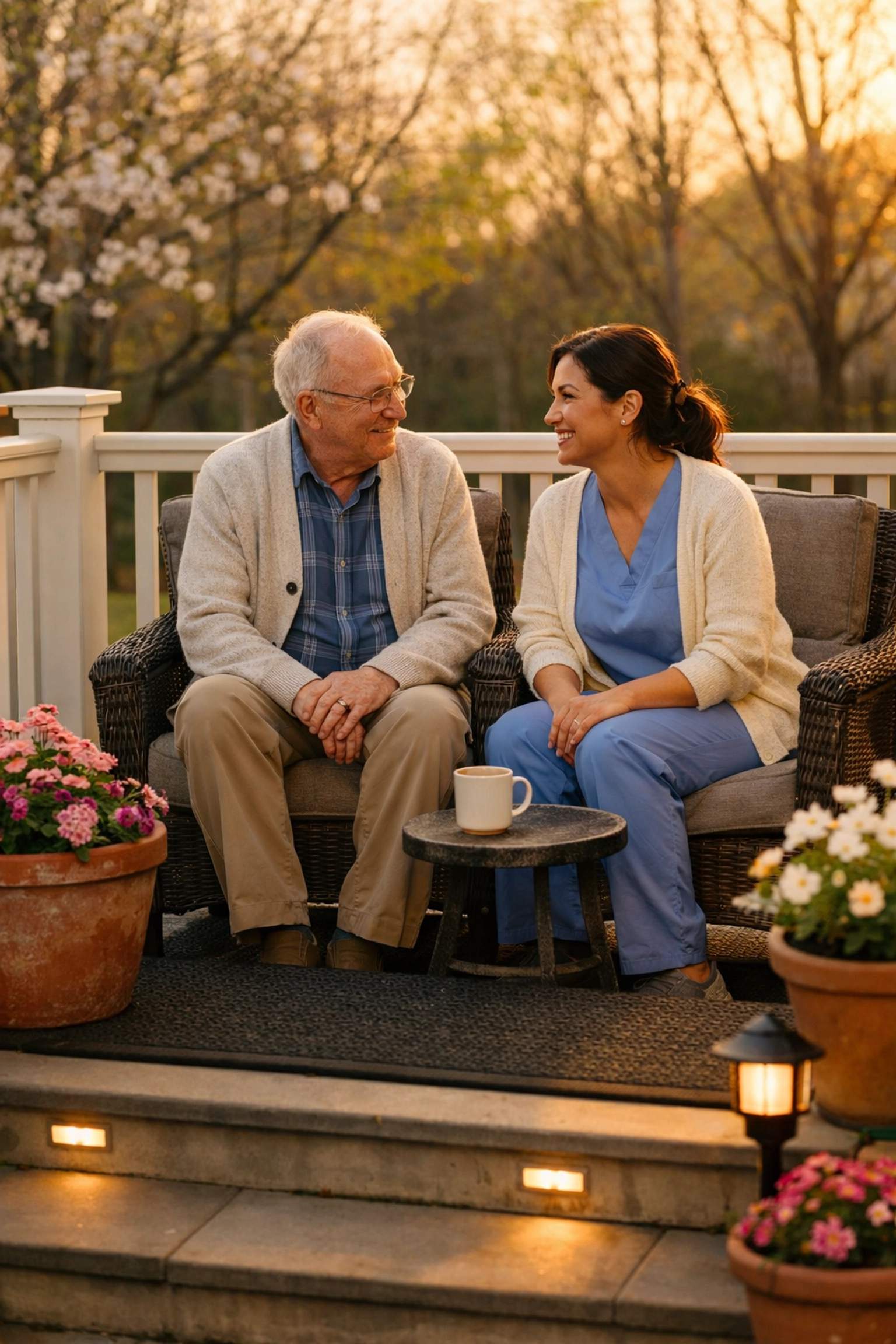 Caregiver and senior sitting on a porch with safety features like sturdy railings and slip-resistant mats.