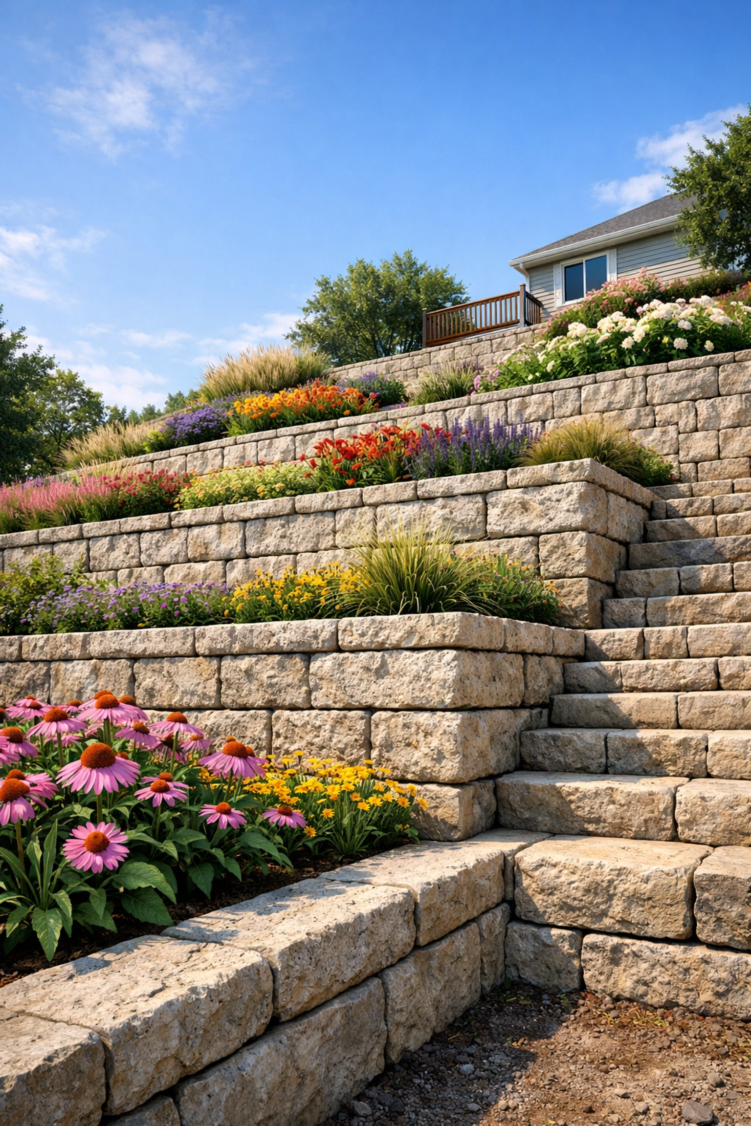 Multi-tiered limestone retaining walls creating functional terraced garden beds on a sloped yard.