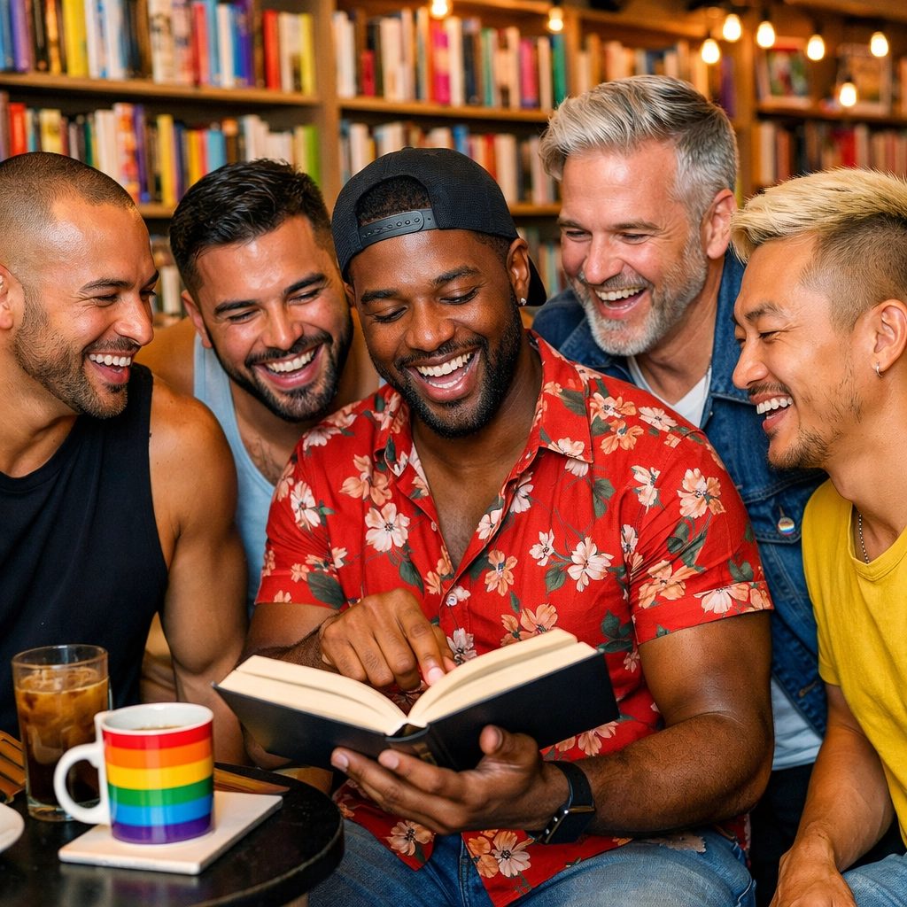 Friends discuss their favorite LGBTQ+ books in a bright, inclusive bookstore community hub.