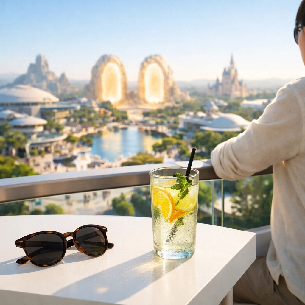 Luxury hotel balcony view of Universal Epic Universe portals featuring a relaxing morning travel setting.