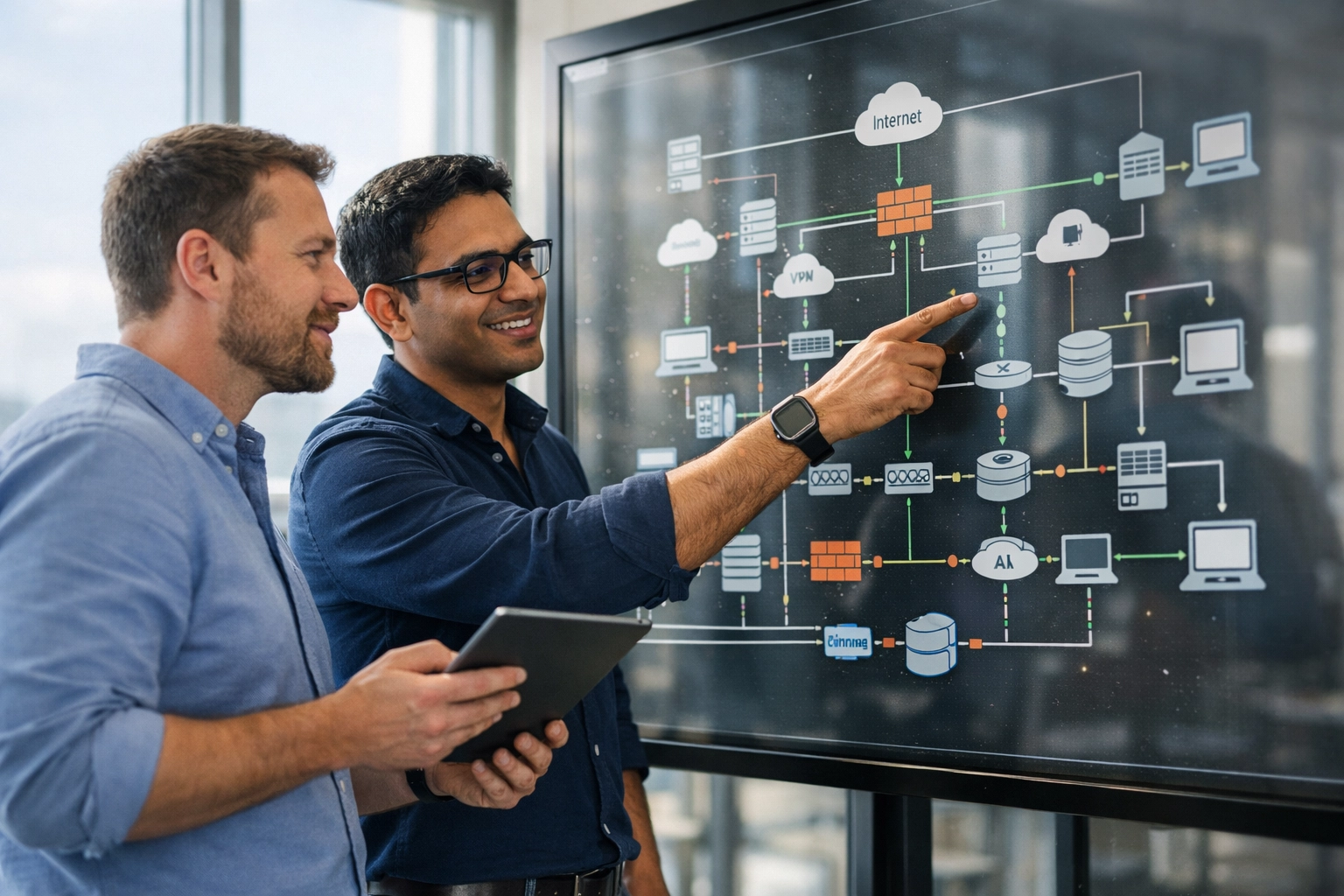 ServiceNow implementation partner consultants analyzing a network topology map to improve ITOM discovery accuracy.