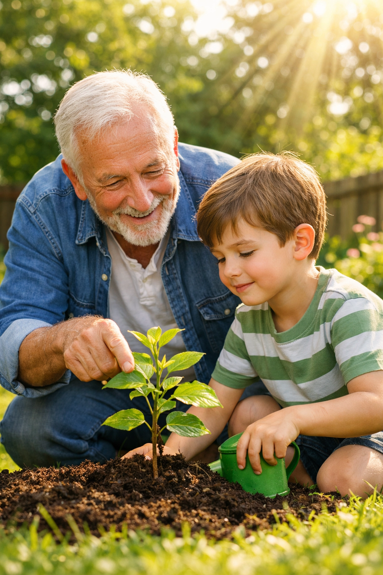 Grandfather and grandson gardening, symbolizing tax-free growth and legacy through an IUL policy.