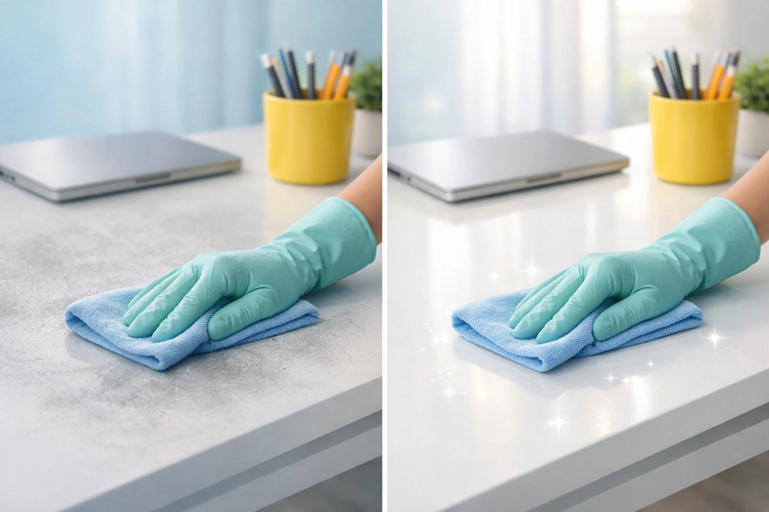 A professional cleaner wipes a desk, contrasting a dusty surface with a clean, disinfected office workspace.