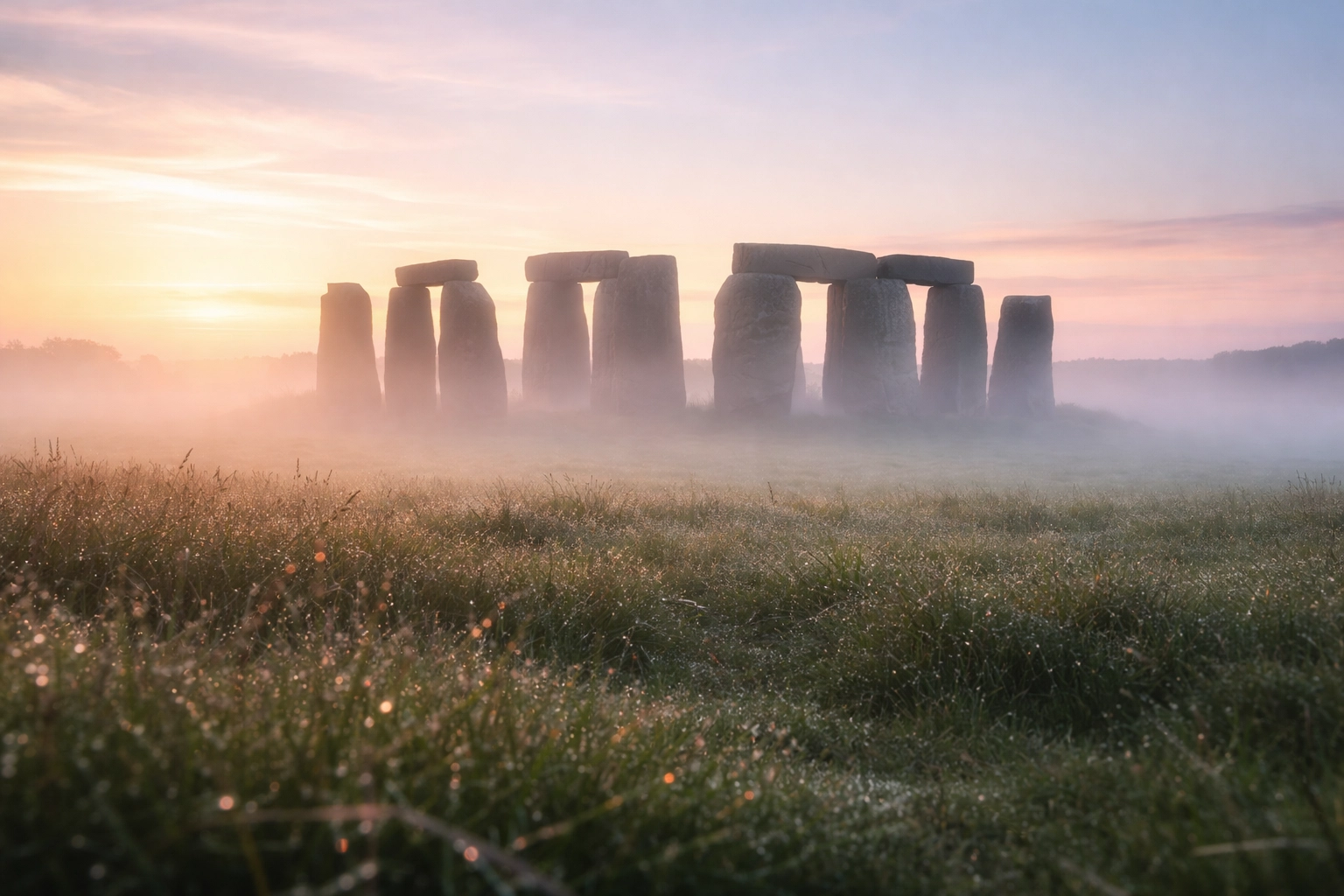 Stonehenge at dawn surrounded by morning mist, showcasing the monument’s mysterious and timeless beauty.