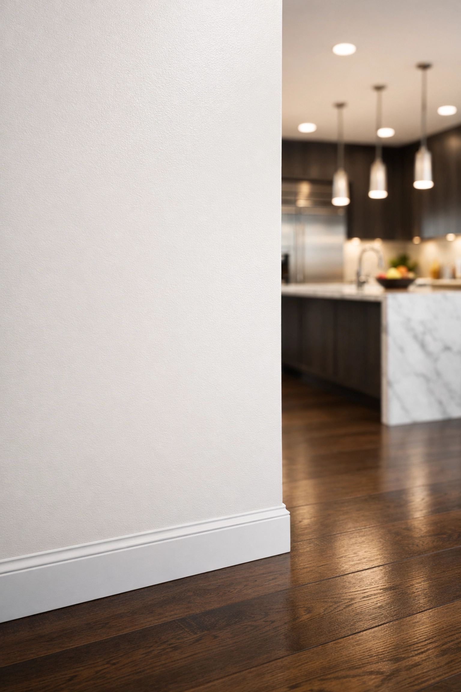 High-traffic hallway with durable eggshell paint finish and dark wood flooring renovation.