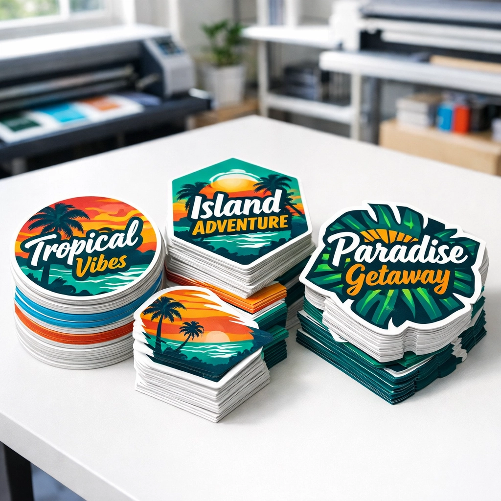 Stacks of custom vinyl stickers in various shapes ready for local pickup at our Kona printing shop.