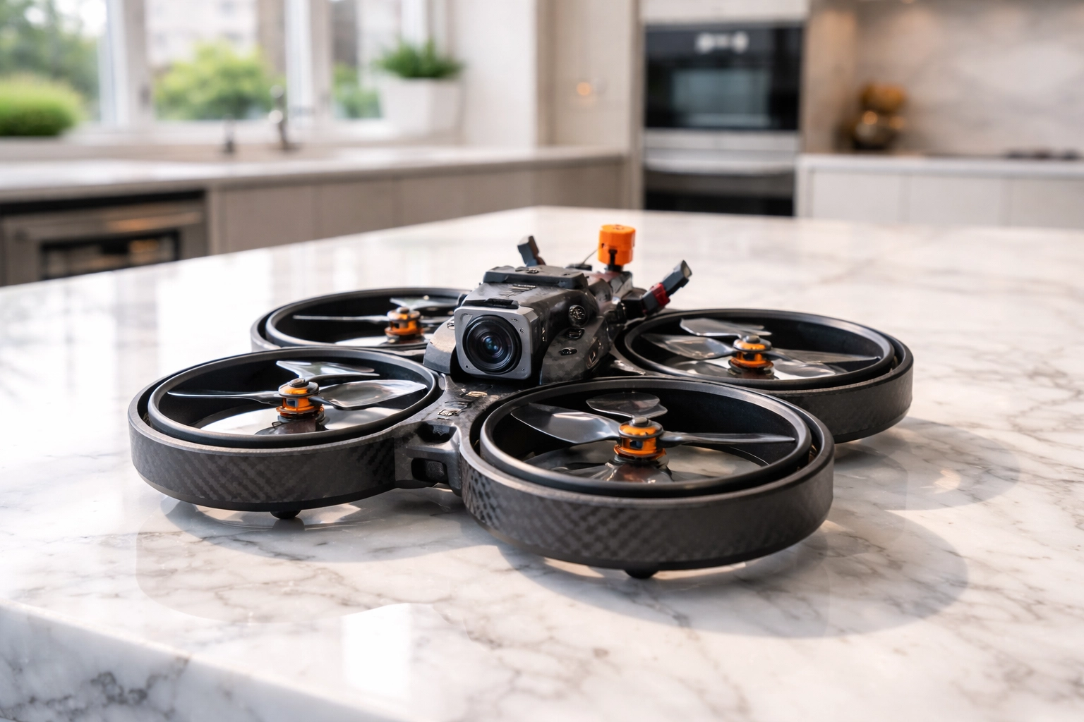 Close-up of a lightweight cinewhoop drone on a marble countertop in a modern luxury kitchen for real estate tours