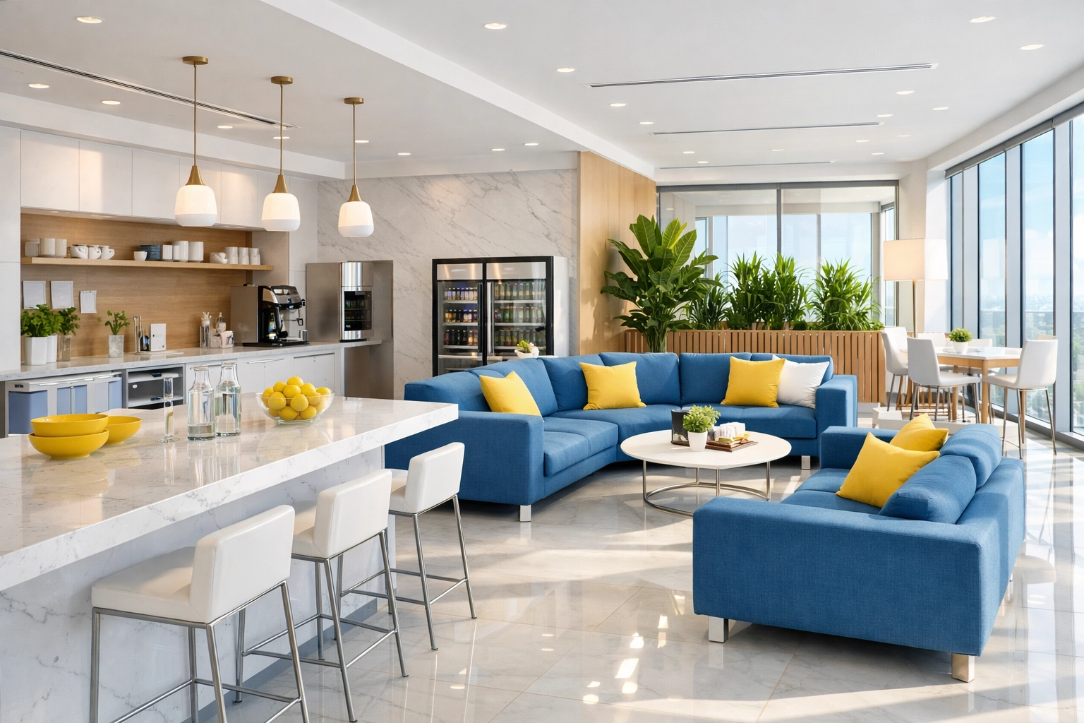 Eco-friendly Somerset office breakroom with spotless floors and healthy plants for a fresh workspace.