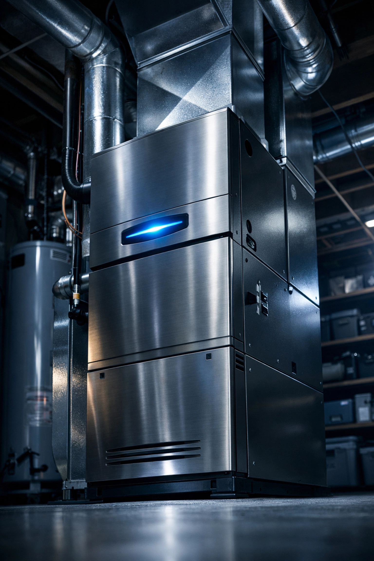 Installation of a modern, energy-efficient HVAC system in a basement to lower heating and cooling bills.