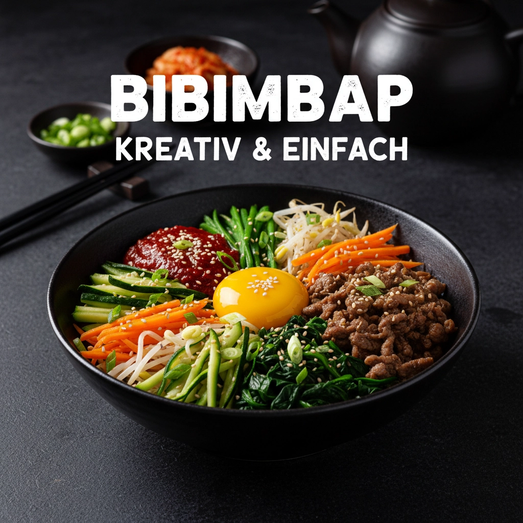 Bunte Bibimbap-Schüssel von oben, viel Gemüse, Ei in der Mitte, asiatisches Flair