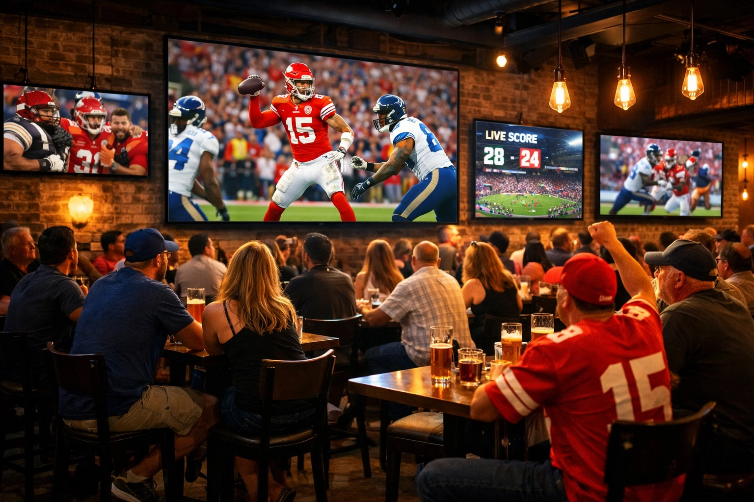 Sports bar with digital screens displaying event-based DOOH advertising to engaged fans