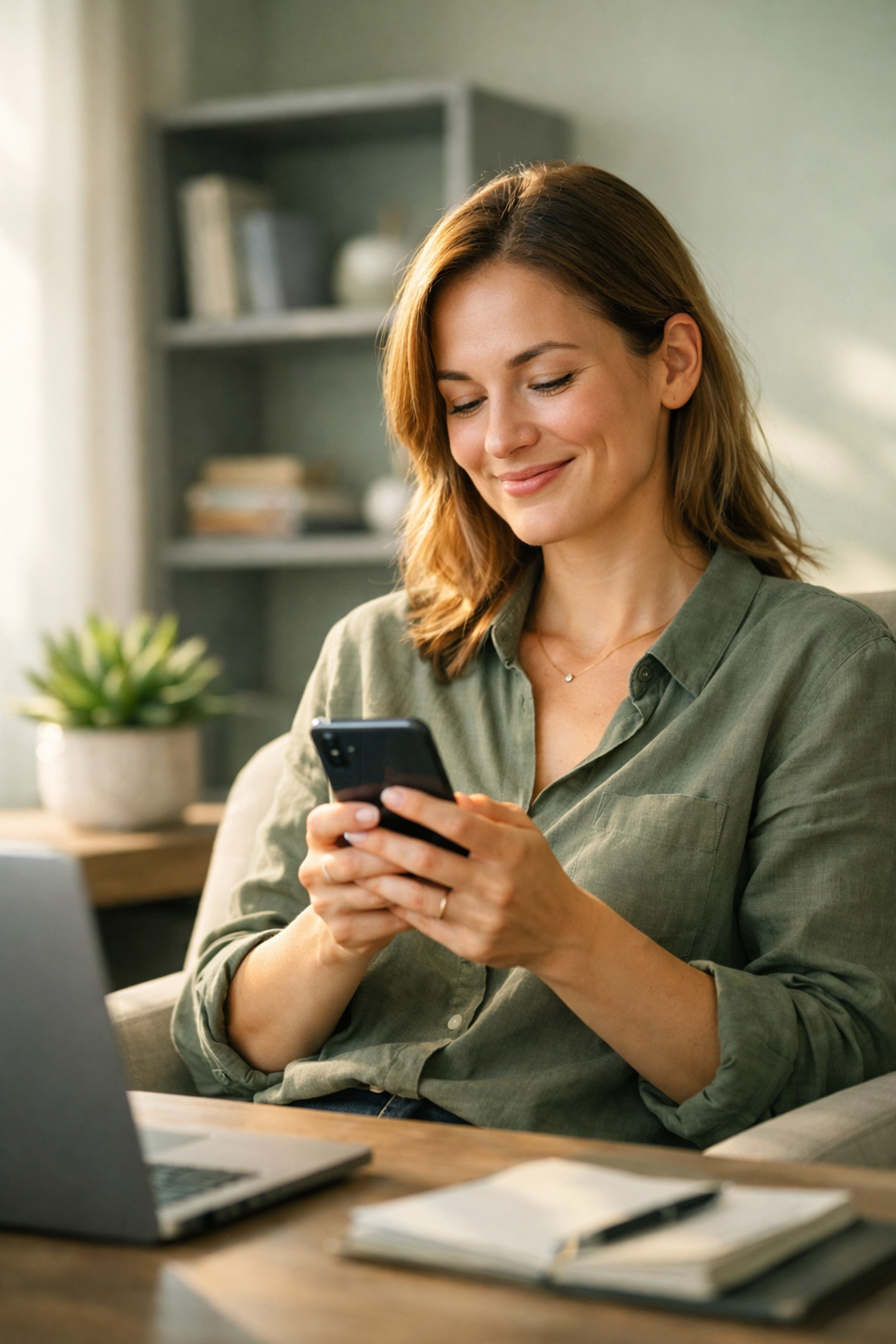 A person in a home office smiling at their phone after an instant payday loan approval in Canada.