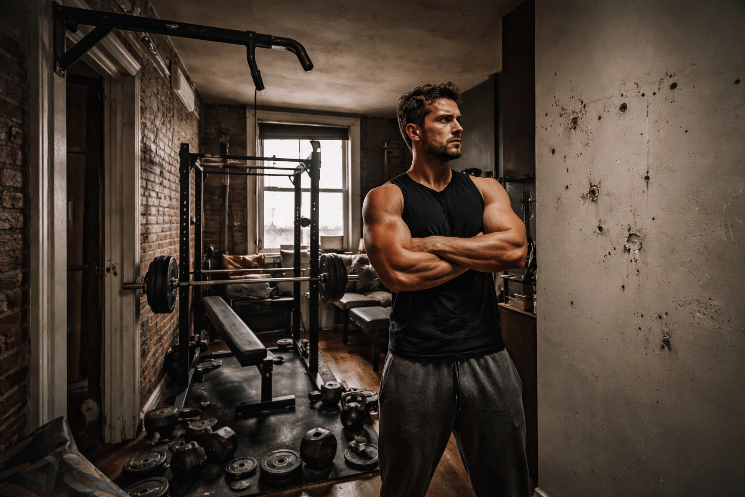 Frustrated athlete surrounded by bulky home gym equipment and wall damage, highlighting space and installation issues with traditional setups.